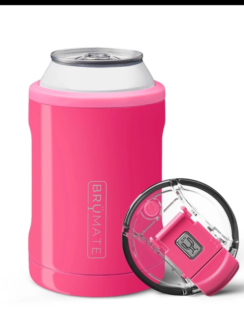 BRÜMATE Hopsulator Duo Pink Insulated Can Cooler with Clear Leak-Resistant Lid